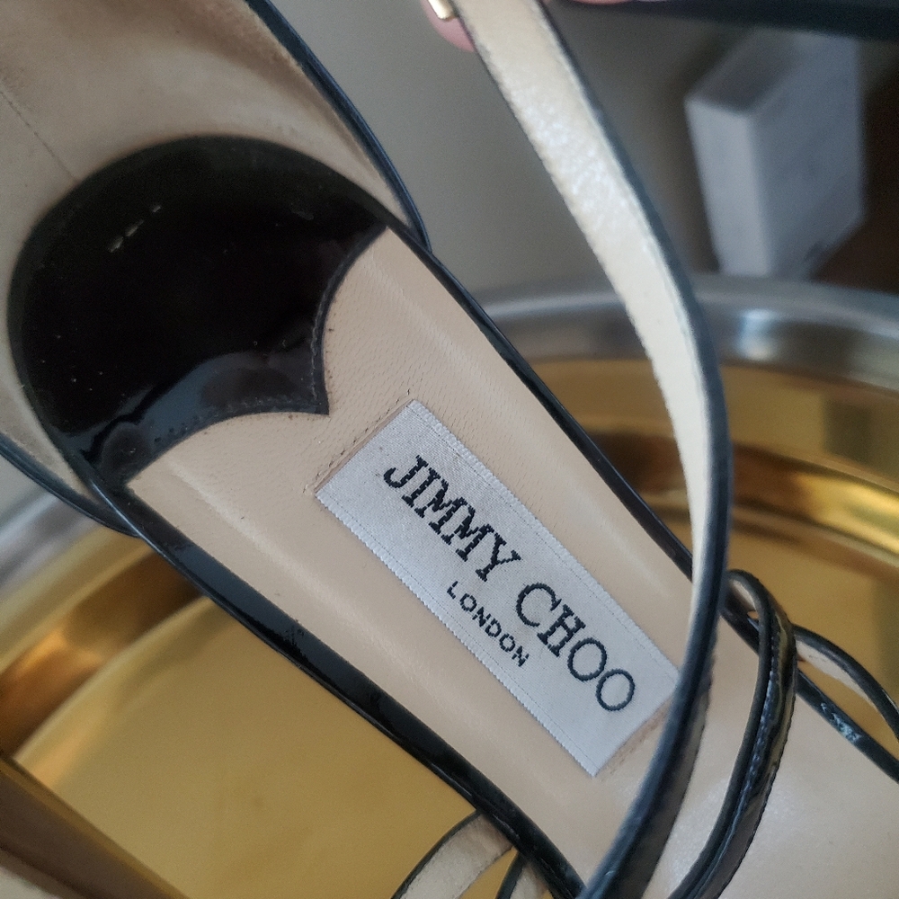 Jimmy Choo Black Patent Leather Platform Sandals with Wood-Effect Heels - Picture 7 of 16